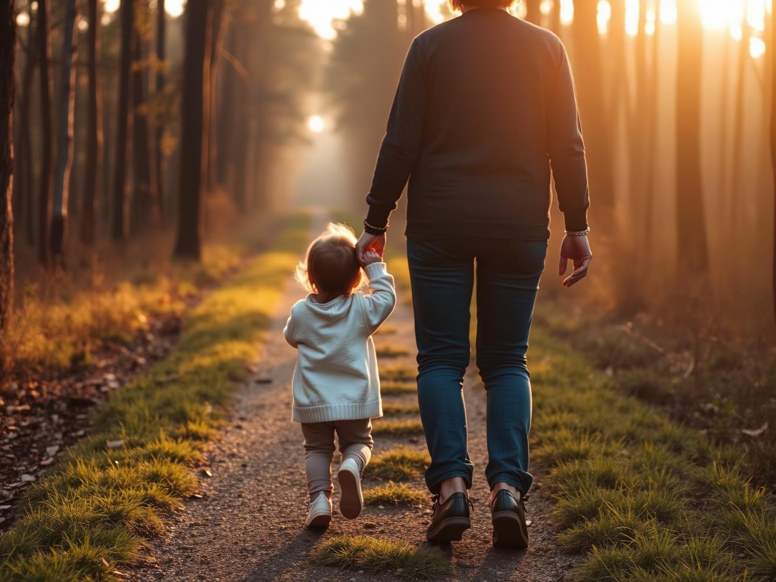 Parent and child walking together on a forest path at sunset